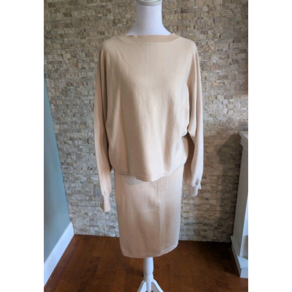 Unbranded Other - Cream Sweater Skirt Set Knit Two Piece Puff Sleeve Ribbed Midi Quiet Luxury